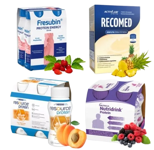 Cztery opakowania gotowych preparatów odżywczych: Fresubin Protein Energy Drink o smaku truskawkowym, RECOMED firmy Activlab Pharma, Resource Protein firmy Nestlé o smaku morelowym oraz Nutridrink Protein firmy Nutricia o smaku owoców leśnych.